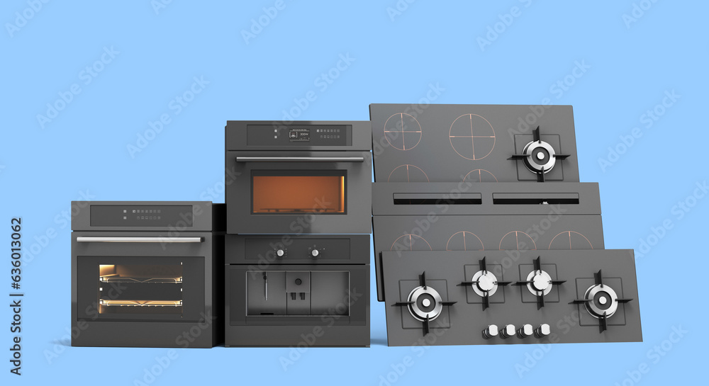 Obraz premium built-in electric and gas cooking surfaces and ovens 3d render on blue