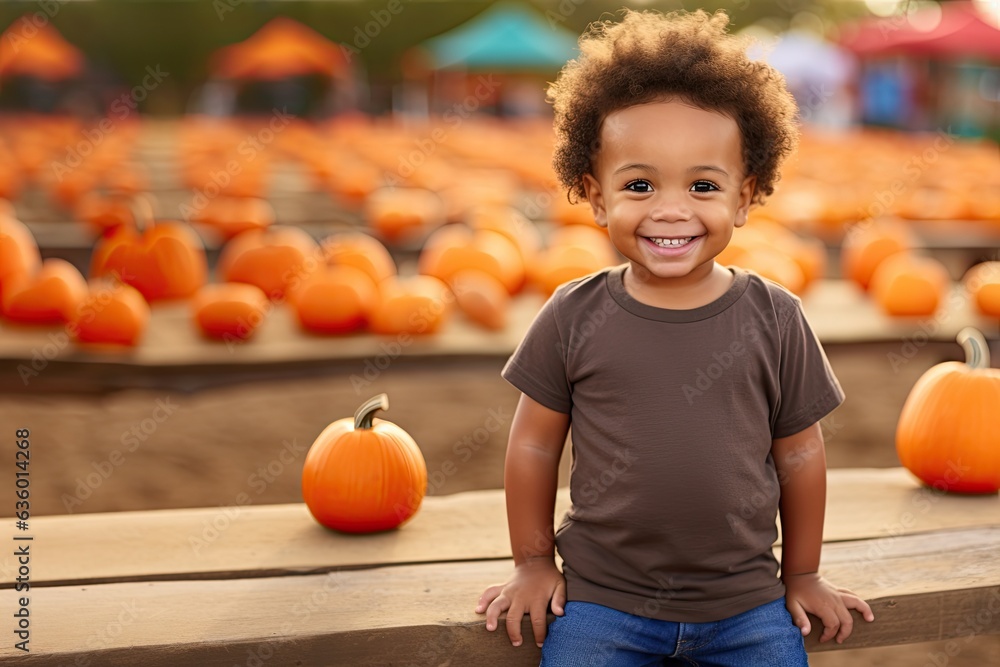Fototapeta premium Portrait of child at pumpkin path at halloween