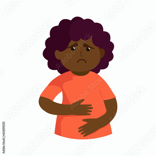 Stomach disease, intestinal disorder. Sick black boy holding his tummy. Isolated Vector illustration.