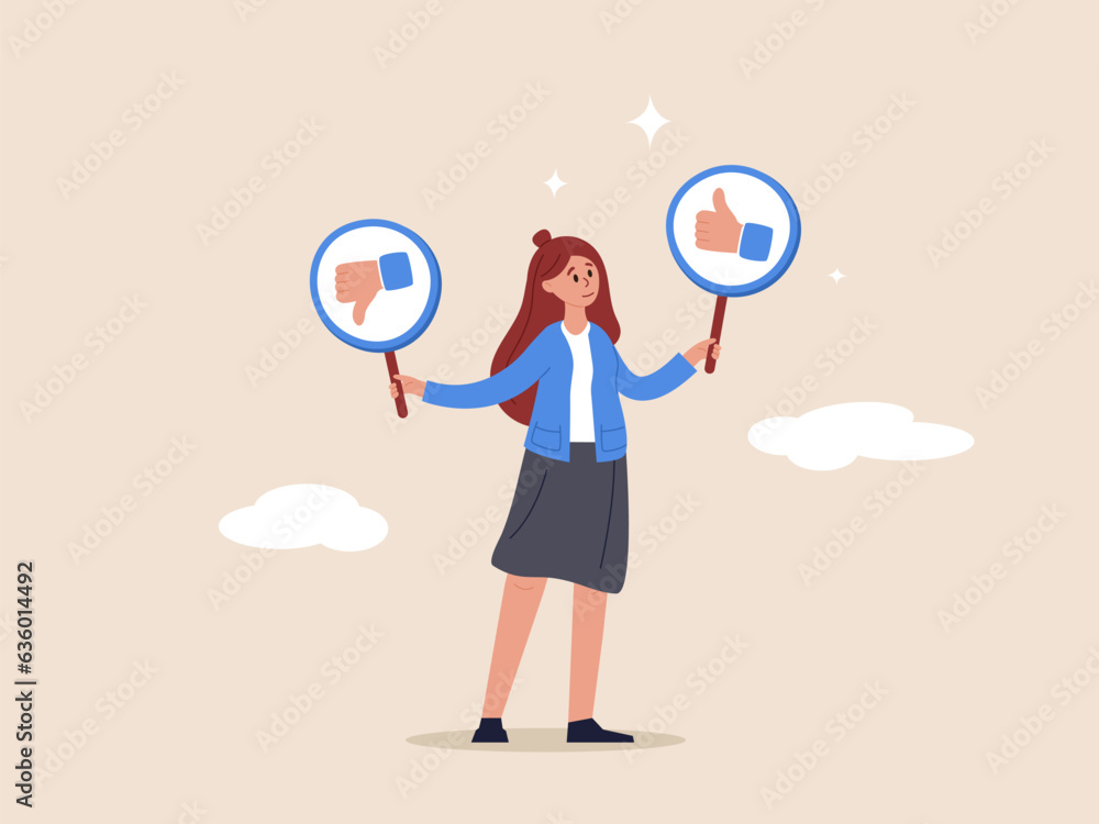 Suggestion concept. Do and Don't list, advice or rules that make business success, things to do, solutions or to avoid mistake and error, businesswoman holding waring thumb up and thumb down sign. Suggestion concept. Do and Don't list, advice or rules that make business success, things to do, solutions or to avoid mistake and error, businesswoman holding waring thumb up and thumb down sign.