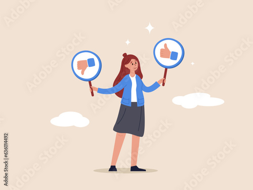 Suggestion concept. Do and Don't list, advice or rules that make business success, things to do, solutions or to avoid mistake and error, businesswoman holding waring thumb up and thumb down sign.