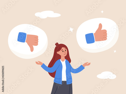 Suggestion concept. Do and Don't list, advice or rules that make business success, things to do, solutions or to avoid mistake and error, businesswoman holding waring thumb up and thumb down sign.