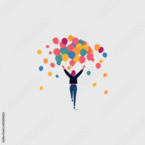 excited woman running towards balloons