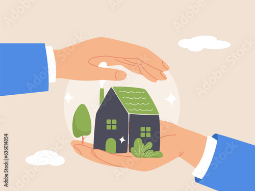 Home security concept. Real estate or property protection. House insurance, house in businessman palm with other hand cover to protect as insurance coverage. Modern flat vector illustration.