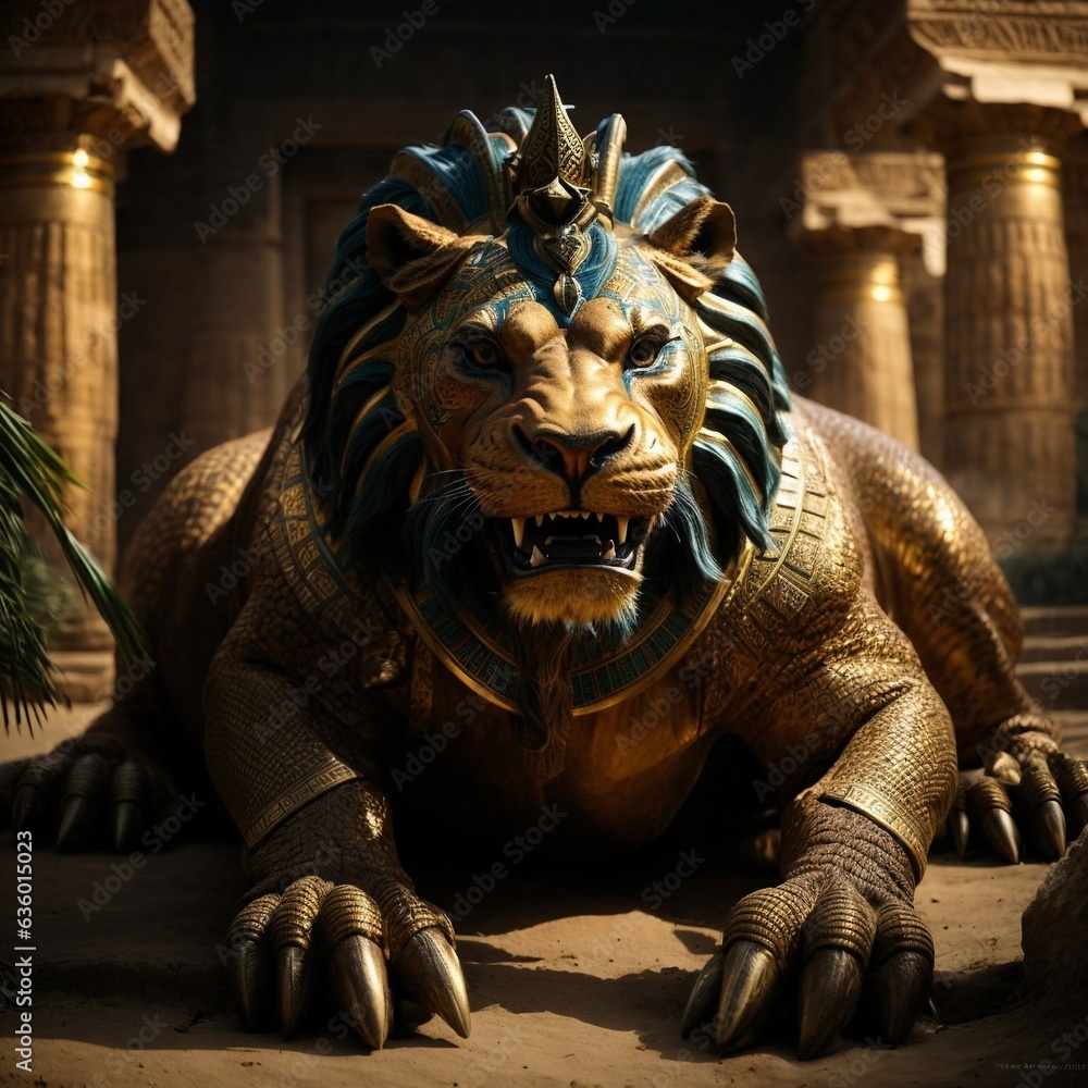 A majestic lion statue sitting gracefully on the ground A majestic lion statue sitting gracefully on the ground