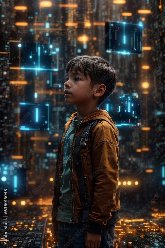 A young boy standing in front of a vibrant cityscape