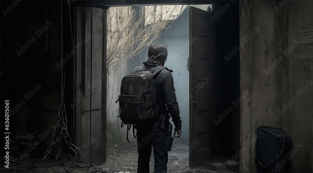 A man entering a doorway with a backpack A man entering a doorway with a backpack