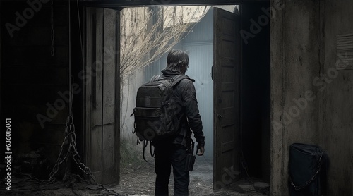 A man entering a doorway with a backpack