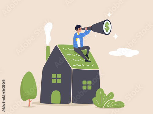 Real estate and housing investment opportunity. Future mortgage or Reit profit concept. Property growth forecast or vision, businessman investor with telescope climb up house chimney to see vision.