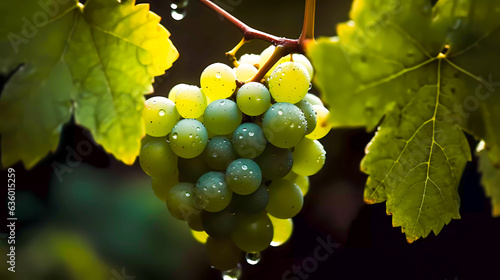 A fresh bunch of green grapes with dew drops lies on a dark wet surface. Generative AI technology.