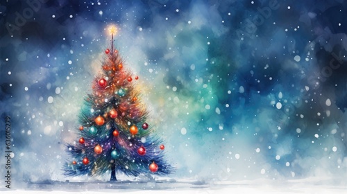 watercolor Christmas Tree With Baubles And Blurred Shiny Lights banner with text space  © PinkiePie