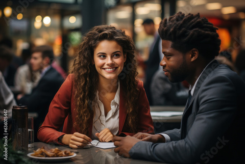 Smiling recruiter taking interview of candidate sitting at office