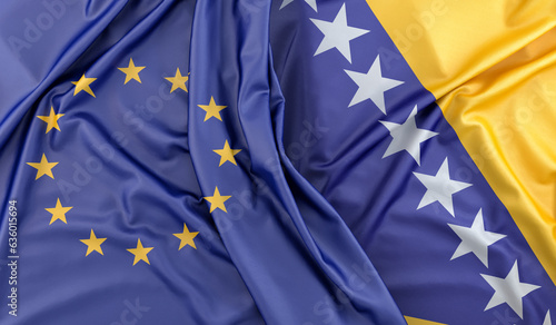 Ruffled Flags of European Union and Bosnia and Herzegovina. 3D Rendering photo