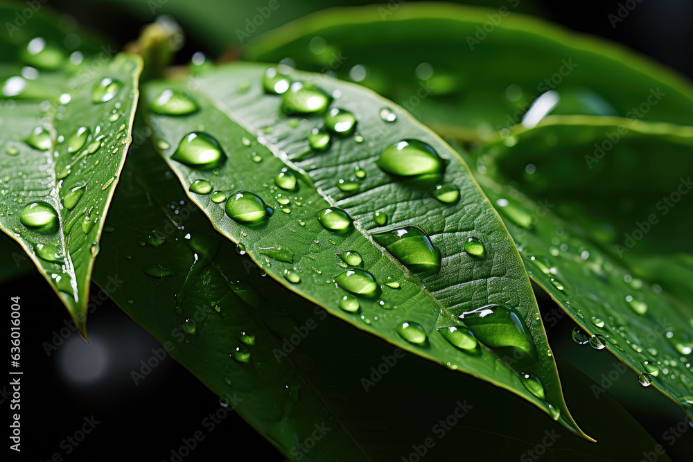 Fresh green leaf with a water drop, symbolizing relaxation, nature, and vitality. Generative Ai. Fresh green leaf with a water drop, symbolizing relaxation, nature, and vitality. Generative Ai.