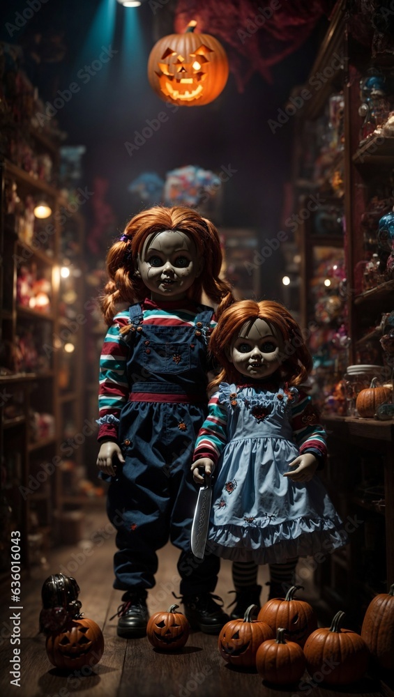 Two dolls standing together in a playful pose