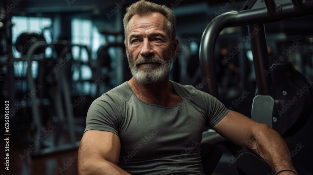 Concentrated mature man looking at camera at gym Concentrated mature man looking at camera at gym