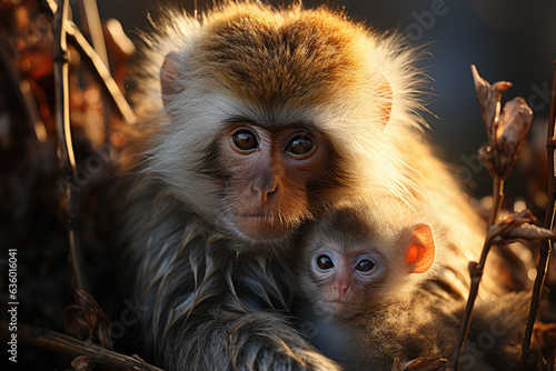 Beautiful shot of a monkey hugging its baby, symbolizing love, care, and the bond between parent and child. Generative Ai. © Sebastian