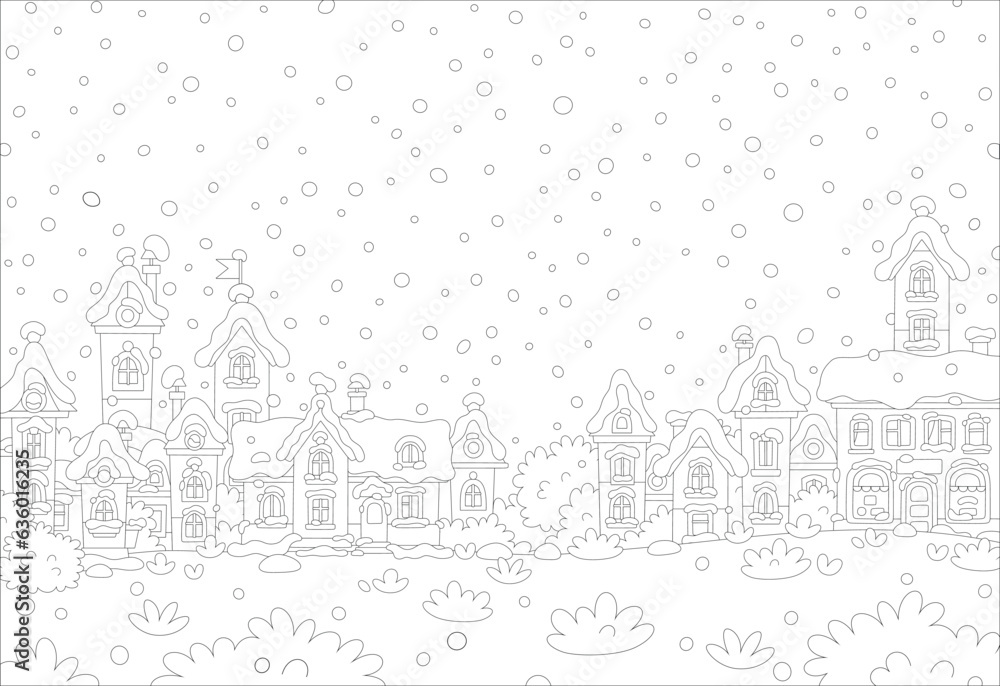 Toy houses covered with snow on a beautiful snowy winter day in a pretty small town, black and white vector cartoon illustration for a coloring book