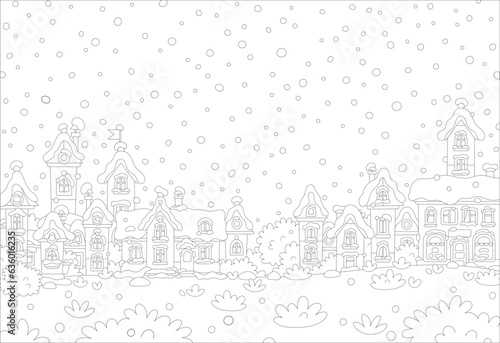 Toy houses covered with snow on a beautiful snowy winter day in a pretty small town, black and white vector cartoon illustration for a coloring book