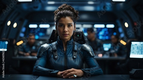 Fototapeta Naklejka Na Ścianę i Meble -  A woman sitting at a table inside a futuristic space station