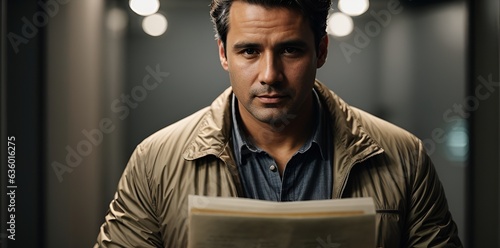 A man in a hallway examining a document