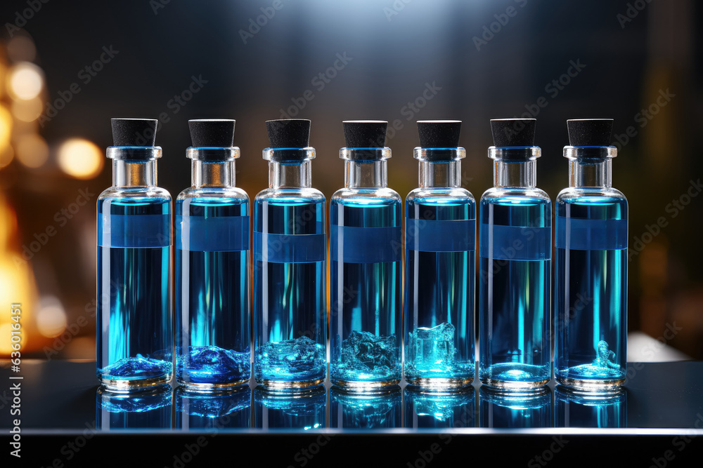 Medicine ampules standing in a row, presented in a blue monochrome image, symbolizing the concept of medicine. Generative Ai. Medicine ampules standing in a row, presented in a blue monochrome image, symbolizing the concept of medicine. Generative Ai.