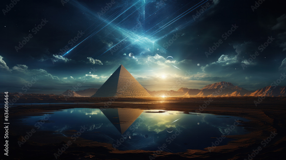 Futuristic abstract night neon background based on Pyramids of Egypt at ...
