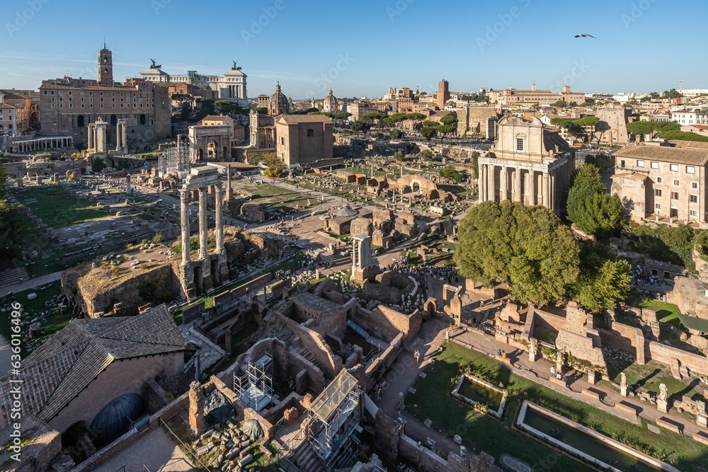 View of the Roman Forum with the Altare della Patria (Vittoriano) in the background, Rome, Italy.