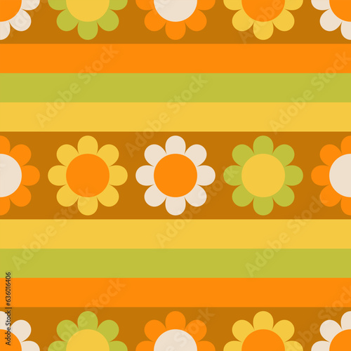 Retro floral design with stripes and flowers in a 1970s inspired color palette. orange, yellow and brown vintage 70s colors. Retro orange, yellow and brown 70s, 60s style flowers and stripes. photo