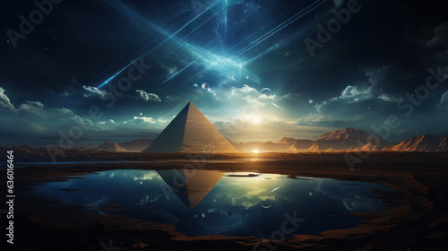 Futuristic abstract night neon background based on Pyramids of Egypt at Giza. Light pyramid in the center. Night view of the pyramid.