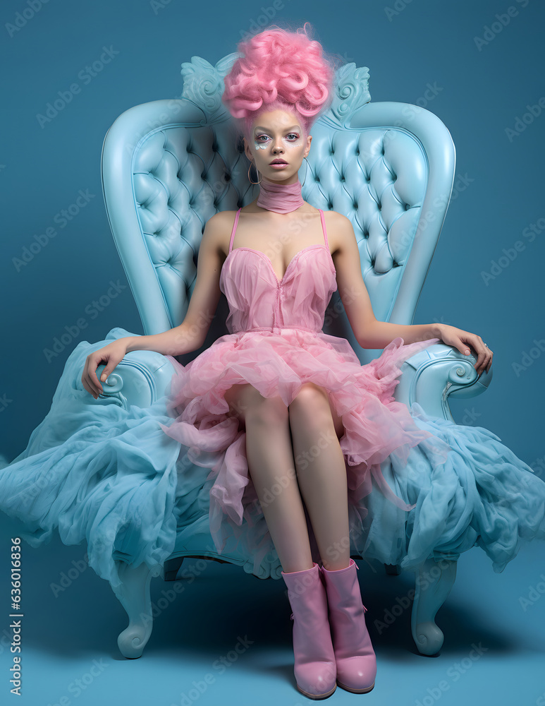 Fototapeta premium .Portrait of a woman in a flowing pink dress with an interesting romantic hairstyle sitting in a blue vintage style armchair