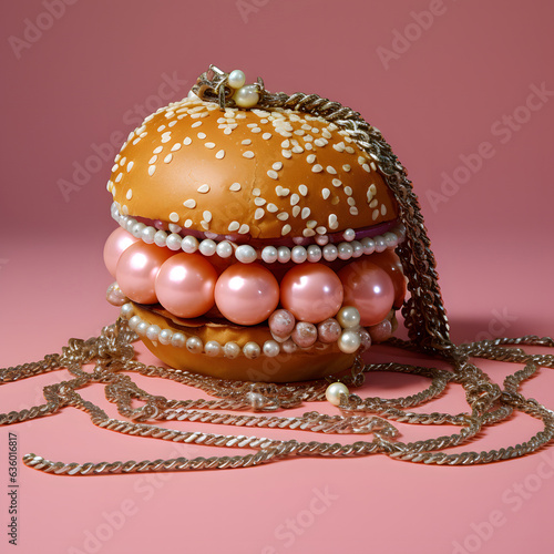 Luxury burger with jewelry and bijouterie, creative aesthetic fast food concept