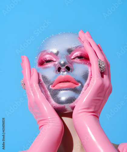 Young woman's face covered with silver mask, highlighted mouth with pink lipstick, skin care, beauty preservation ideas
