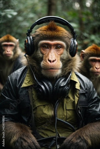 A group of monkeys wearing headphones and jackets