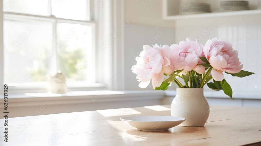a white vase with pink flowers on a table in front of a window. generative ai a white vase with pink flowers on a table in front of a window. generative ai
