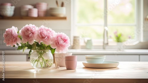  a vase of pink flowers sitting on a kitchen counter top. generative ai
