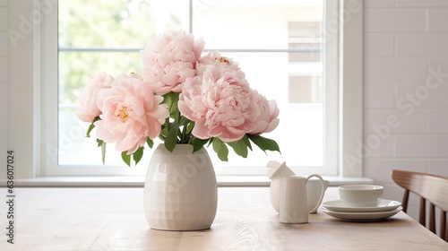  a vase of pink flowers sitting on a table next to a teapot. generative ai