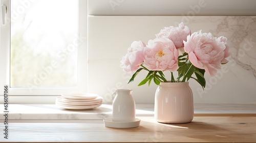  a vase of pink peonies on a table next to a stack of plates. generative ai
