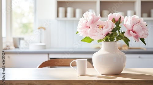  a white vase with pink flowers on a table in a kitchen. generative ai