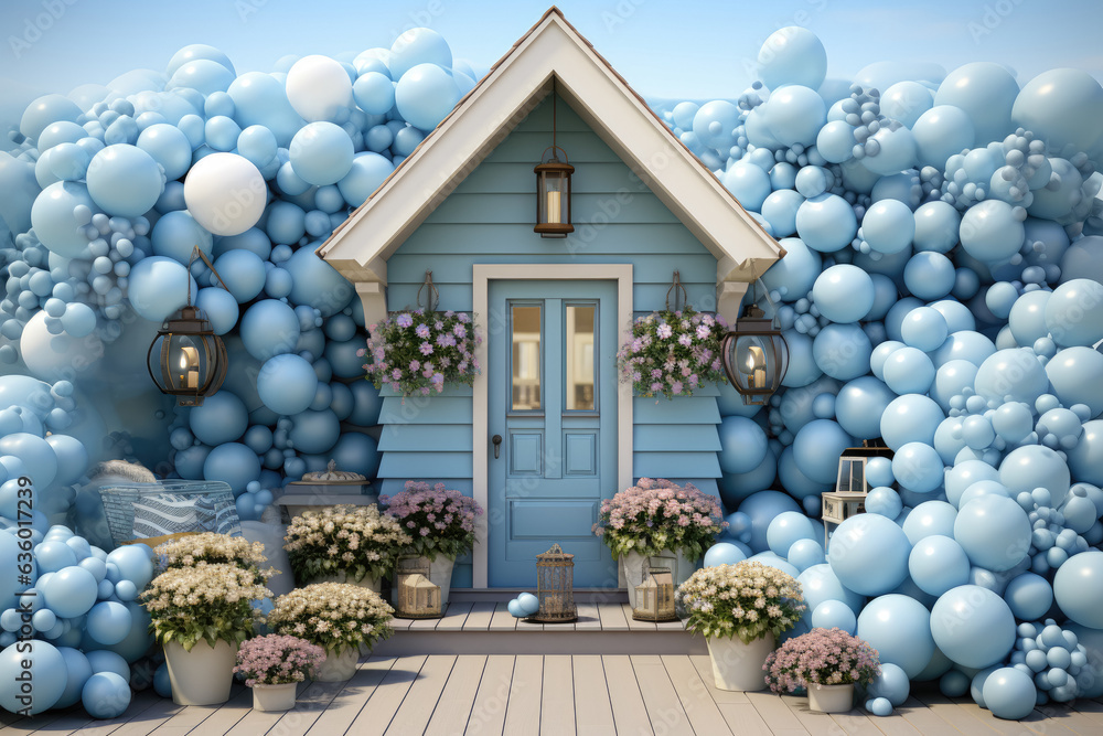 Blue door with colorful balloons floating through Generative Ai.