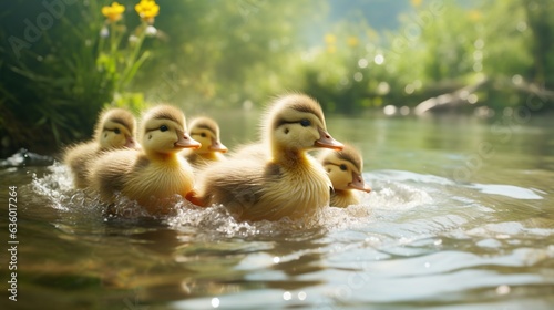  a group of little ducks swimming in a pond of water. generative ai