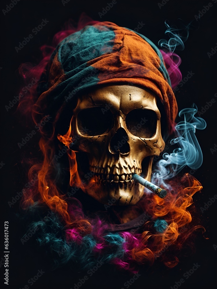A skull with a bandana and cigarette, depicting rebellion and danger A skull with a bandana and cigarette, depicting rebellion and danger
