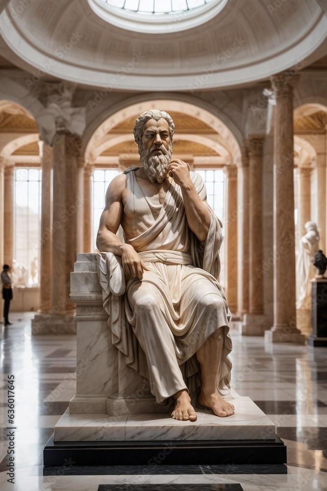 A seated male statue in a museum room