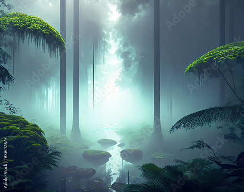 Abstract background that captures the essence of mist and fog weaving through a forest.