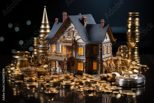 A metallic model house, constructed entirely from gold and silver coins, stands on a table against a dark backdrop, evoking themes of wealth and investment. Generative Ai.
