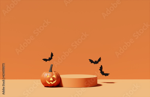 3D pedestal podium, orange background. Pumpkin falling with flying bat . Halloween Jack o lantern display showcase. Autumn product promotion. Abstract spooky fall. 3D render illustration