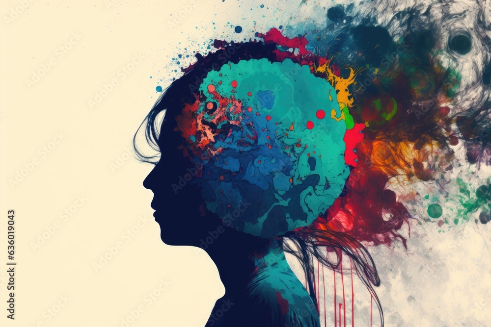 Silhouette of a woman's head with colorful paint splashes Silhouette of a woman's head with colorful paint splashes