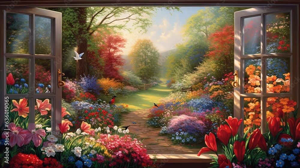 a painting of a garden with flowers and a path through the window. generative ai a painting of a garden with flowers and a path through the window. generative ai