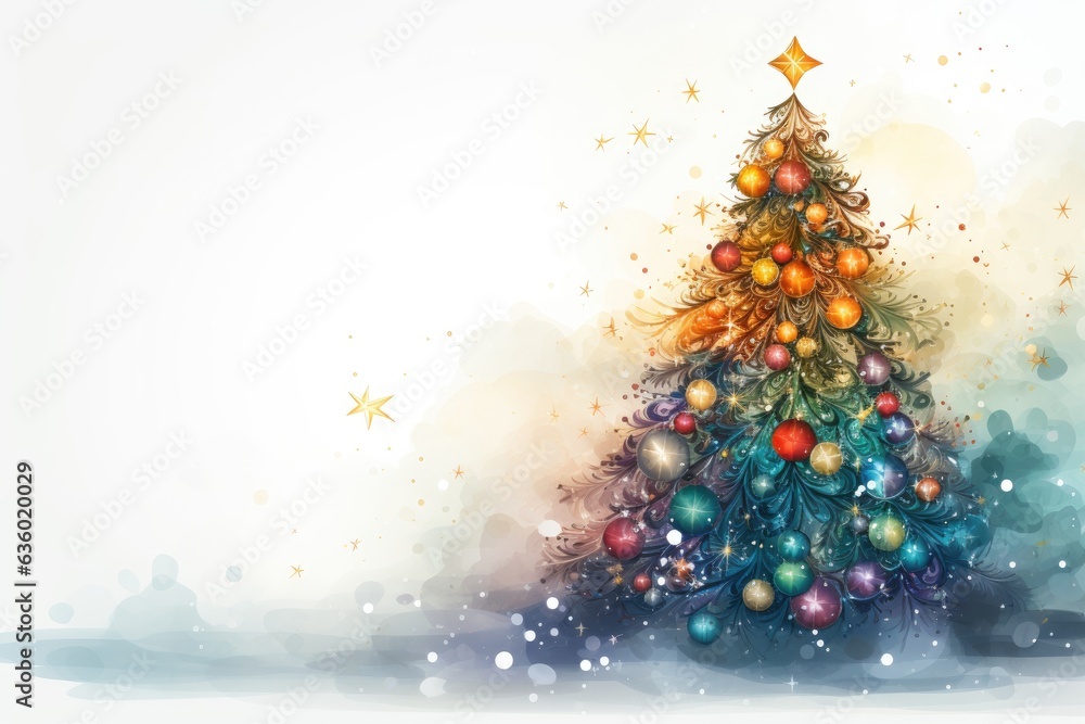 watercolor Christmas Tree With Baubles And Blurred Shiny Lights banner with text space watercolor Christmas Tree With Baubles And Blurred Shiny Lights banner with text space