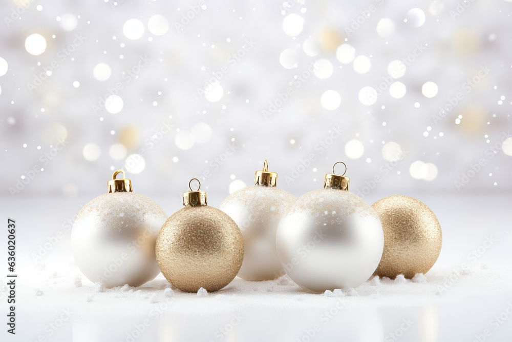 A festive arrangement with white and gold Christmas balls on a snowy surface, softly dusted with glitter. The background featuring warm bokeh lights that create a magical wintery atmosphere A festive arrangement with white and gold Christmas balls on a snowy surface, softly dusted with glitter. The background featuring warm bokeh lights that create a magical wintery atmosphere